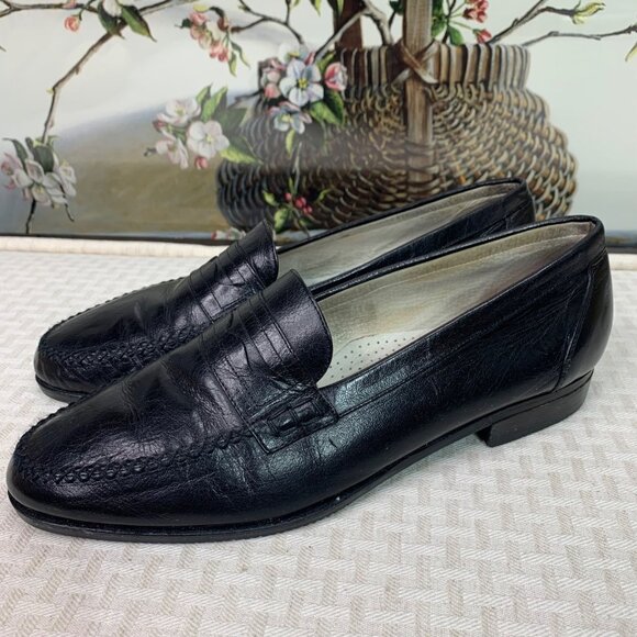 Vintage Ikam Italia Black Leather Mens Loafers Size 10 Timeless Design Detailing - Picture 1 of 3